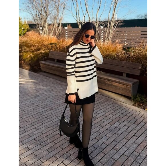 Women's Winter Turtleneck Sweater Casual Stripe Long Sleeve Pull Over Top - Picture 5 of 8